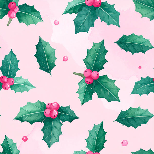holiday, christmas, festive, holly berries, holly leaves, pink berries, hot pink, magenta pink, forest green, sage green, cloud pattern, whimsical, nature, botanical, winter, seasonal, kids, children, nursery, playroom, baby, cute, cheerful, traditional, decorative, berry clusters, leafy, scatter pattern
