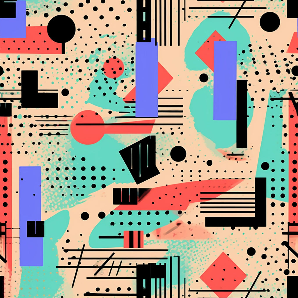 turquoise, coral pink, purple, black, cream, geometric shapes, abstract pattern, circles, dots, rectangles, lines, modern art, contemporary design, groovy style, boho aesthetic, hippie vibes, retro pattern,, fabric panel, artistic composition, vibrant colors, mid-century modern