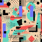 turquoise, coral pink, purple, black, cream, geometric shapes, abstract pattern, circles, dots, rectangles, lines, modern art, contemporary design, groovy style, boho aesthetic, hippie vibes, retro pattern,, fabric panel, artistic composition, vibrant colors, mid-century modern