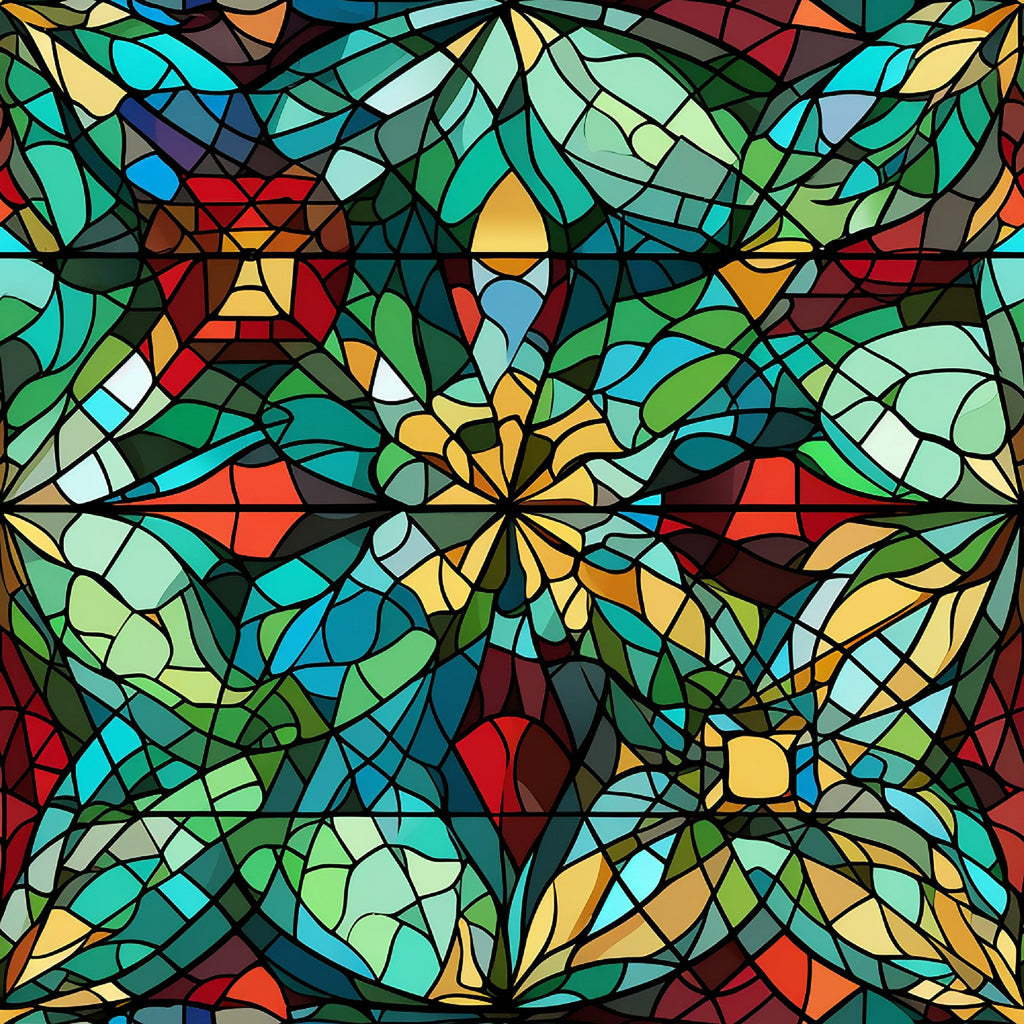 stained glass, kaleidoscope pattern, multicolored, turquoise, emerald green, golden yellow, crimson red, deep blue, geometric design, mosaic style, radial symmetry,, fabric panel, christmas themed, holiday fabric, abstract floral, jewel tones, church window style, decorative motifs, vibrant colors