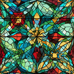 stained glass, kaleidoscope pattern, multicolored, turquoise, emerald green, golden yellow, crimson red, deep blue, geometric design, mosaic style, radial symmetry,, fabric panel, christmas themed, holiday fabric, abstract floral, jewel tones, church window style, decorative motifs, vibrant colors