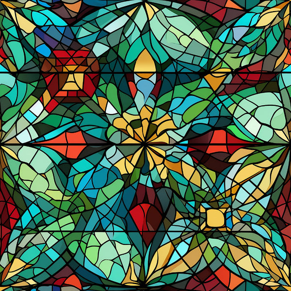 stained glass, kaleidoscope pattern, multicolored, turquoise, emerald green, golden yellow, crimson red, deep blue, geometric design, mosaic style, radial symmetry,, fabric panel, christmas themed, holiday fabric, abstract floral, jewel tones, church window style, decorative motifs, vibrant colors