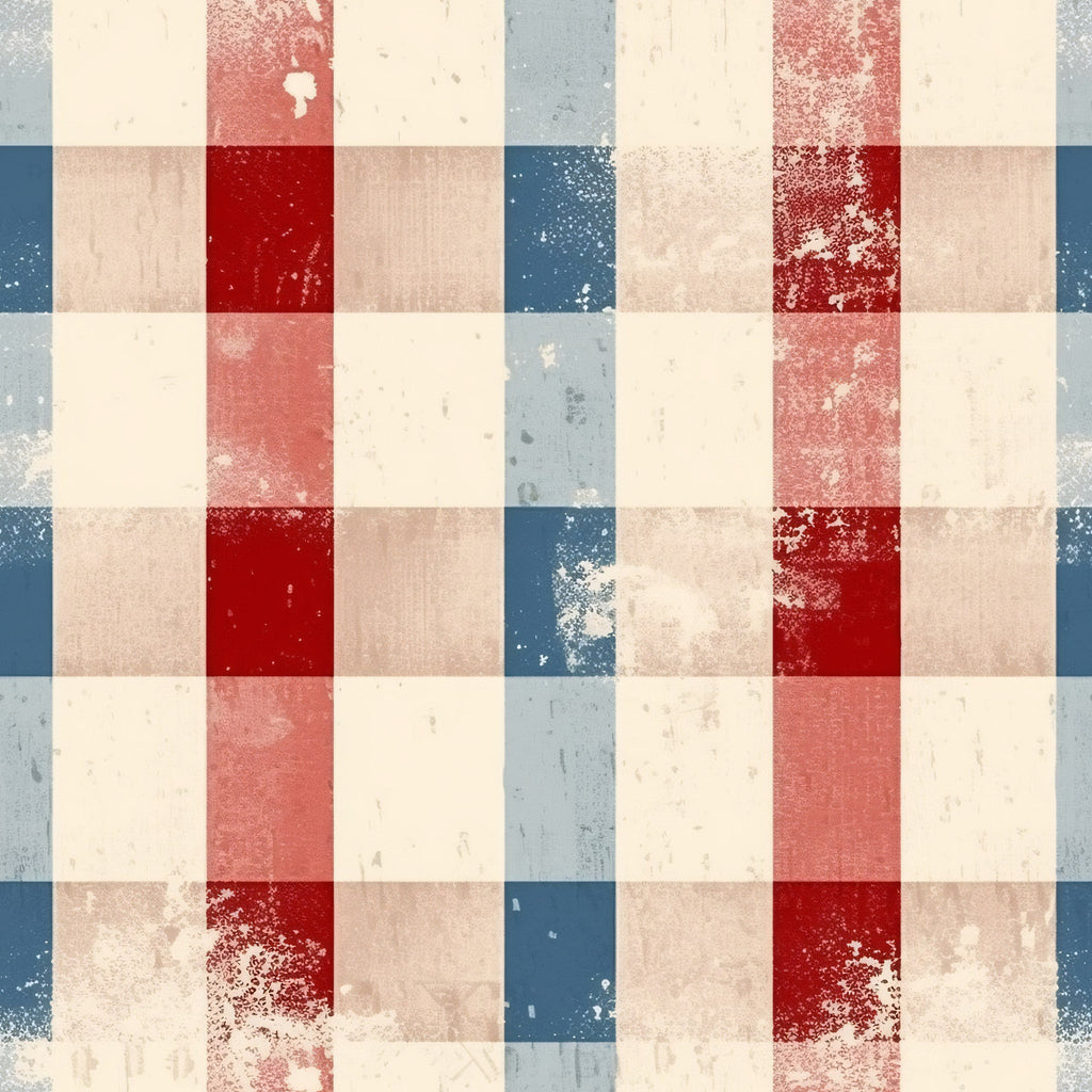 distressed, patriotic, red, white, blue, cream, weathered, vintage, aged, plaid, checkered, squares, geometric, americana, rustic, faded, worn,, fabric panel, country style, shabby chic, rectangular blocks