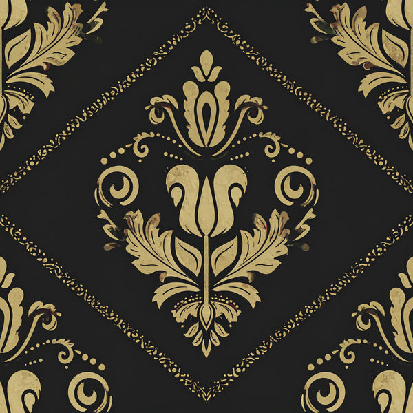 gold, black, damask, floral, ornamental, baroque, classic, elegant, traditional, vintage, decorative, scrollwork, tulip, botanical, luxurious, sophisticated, formal, regal, ornate, victorian, symmetrical, damask pattern, gold leaf, dark background, neoclassical, upscale, timeless, home decor, interior design, wallpaper inspired