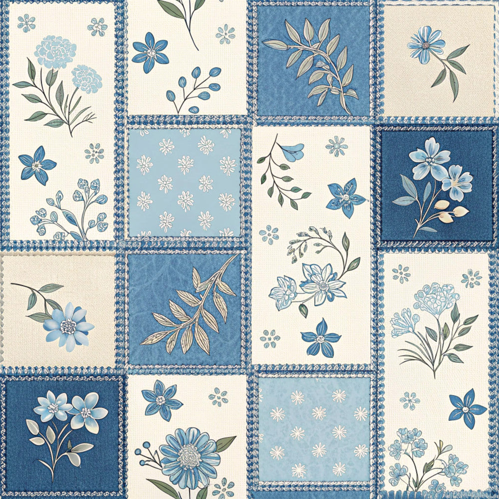 navy blue, cream, light blue, dusty blue, floral, patchwork, botanical, vintage, traditional, elegant, flowers, leaves, daisy, peony, botanical prints, cottage core, farmhouse, spring, summer, nature-inspired, multi-panel, quilted aesthetic, classic floral, blue and white, timeless, garden theme, delicate flowers, small prints, all-over pattern