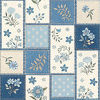 navy blue, cream, light blue, dusty blue, floral, patchwork, botanical, vintage, traditional, elegant, flowers, leaves, daisy, peony, botanical prints, cottage core, farmhouse, spring, summer, nature-inspired, multi-panel, quilted aesthetic, classic floral, blue and white, timeless, garden theme, delicate flowers, small prints, all-over pattern