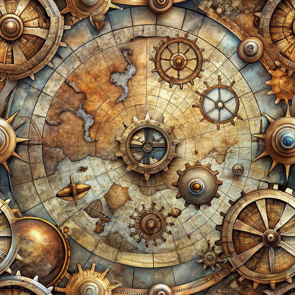 steampunk, vintage maps, brass gears, copper tones, bronze metallic, aged parchment, nautical compass, ship wheels, mechanical elements, fantasy adventure, weathered texture, golden brown, sepia tones, antiqued finish,, fabric panel, explorer theme, clockwork design, maritime motifs, industrial aesthetic