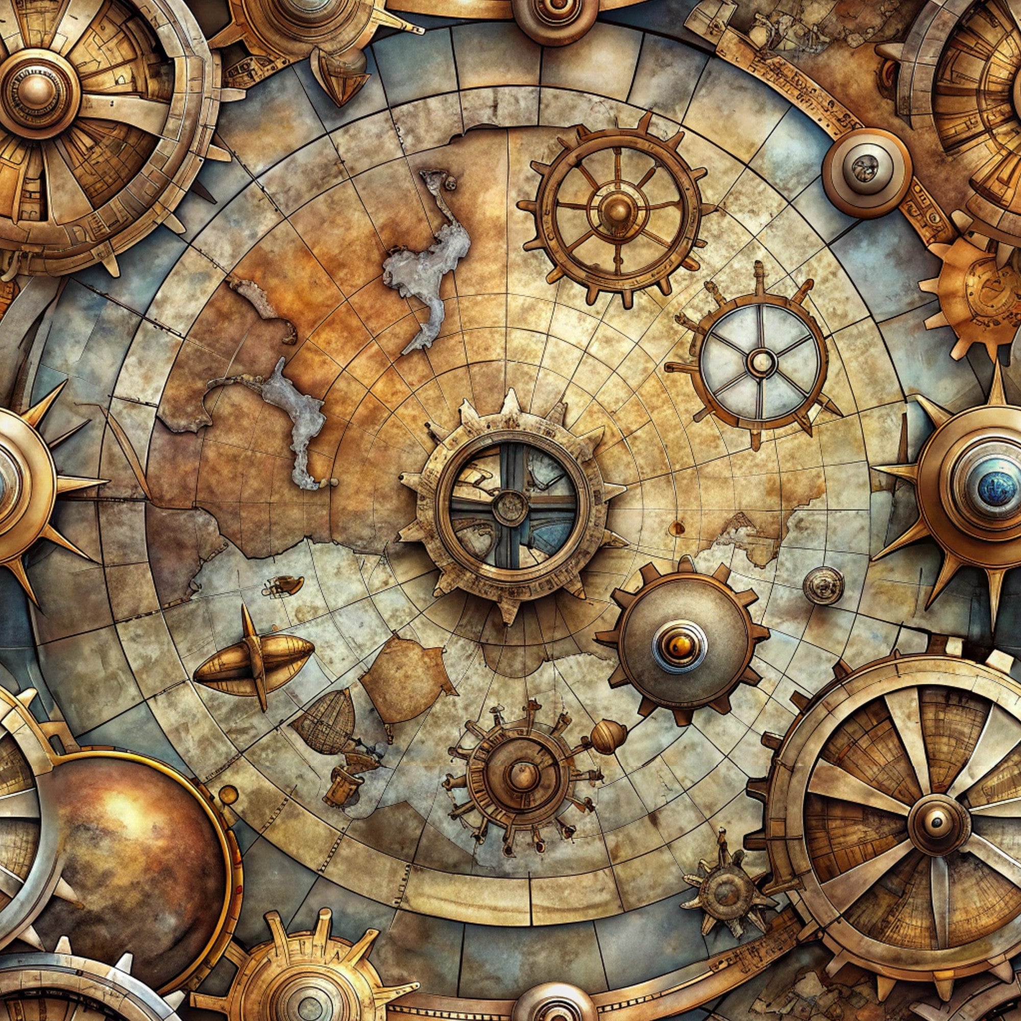 steampunk, vintage maps, brass gears, copper tones, bronze metallic, aged parchment, nautical compass, ship wheels, mechanical elements, fantasy adventure, weathered texture, golden brown, sepia tones, antiqued finish,, fabric panel, explorer theme, clockwork design, maritime motifs, industrial aesthetic