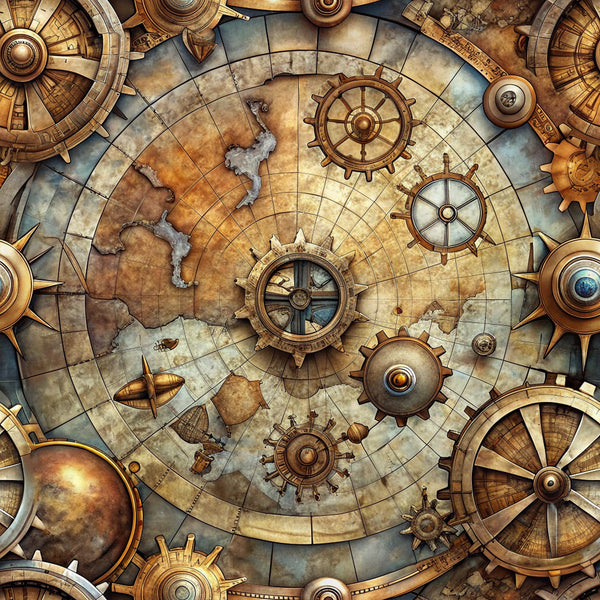 steampunk, vintage maps, brass gears, copper tones, bronze metallic, aged parchment, nautical compass, ship wheels, mechanical elements, fantasy adventure, weathered texture, golden brown, sepia tones, antiqued finish,, fabric panel, explorer theme, clockwork design, maritime motifs, industrial aesthetic