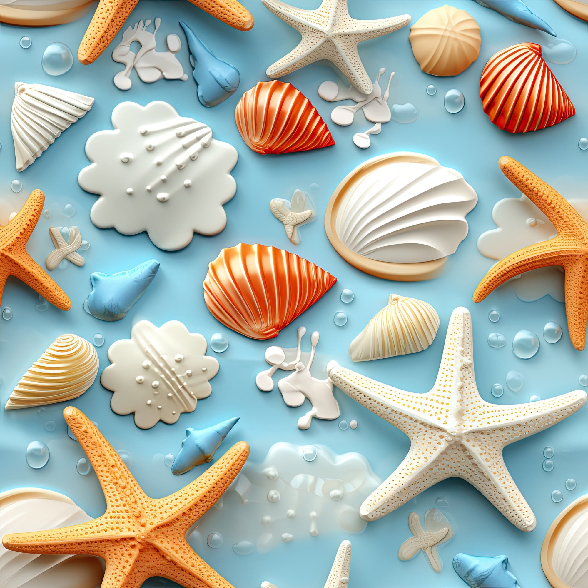 beach themed, seashells, starfish, coral, ocean blue, orange, white, cream, aqua, underwater pattern, marine life, sea creatures, bubbles, nautical design, coastal motif, summer fabric,, fabric panel, realistic illustration, tropical colors