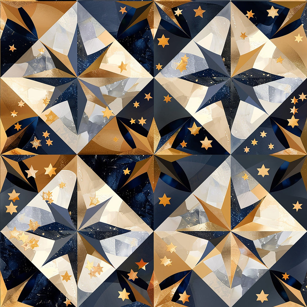 navy blue, golden yellow, cream white, geometric stars, celestial pattern,, fabric panel, baroque style, ornate design, starry night, metallic accents, diamond shapes, cosmic theme, luxury aesthetic, sophisticated pattern, decorative motifs, elegant composition, night sky, stellar design, rich textures