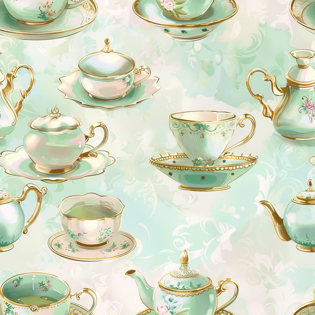 mint green, soft pink, gold accents, teacups, teapots, saucers, floral motifs, vintage china, elegant handles, ornate details, whimsical pattern, tea party theme,, fabric panel, pastel colors, delicate florals, romantic style, repeating design, victorian inspired, shabby chic