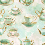 mint green, soft pink, gold accents, teacups, teapots, saucers, floral motifs, vintage china, elegant handles, ornate details, whimsical pattern, tea party theme,, fabric panel, pastel colors, delicate florals, romantic style, repeating design, victorian inspired, shabby chic