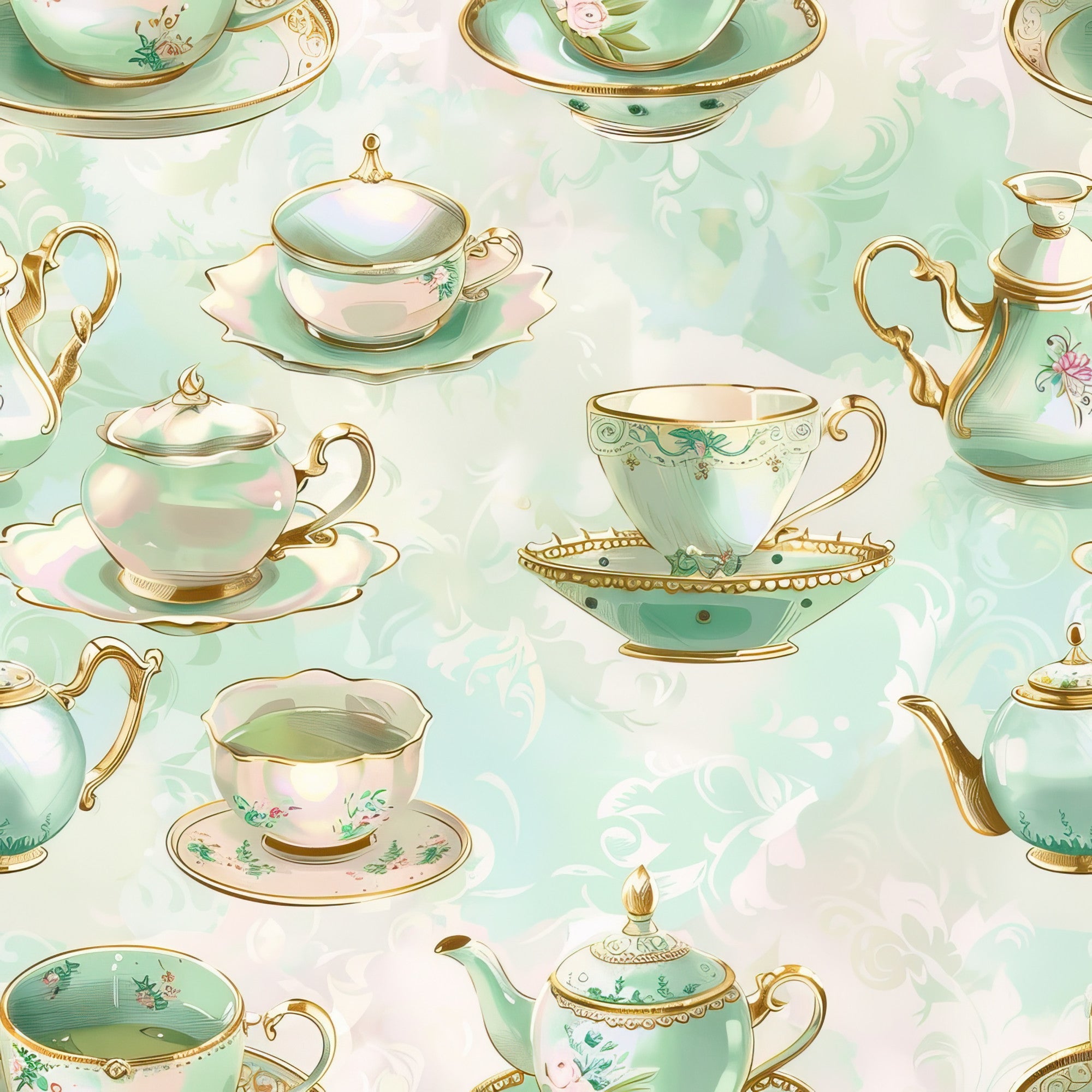 mint green, soft pink, gold accents, teacups, teapots, saucers, floral motifs, vintage china, elegant handles, ornate details, whimsical pattern, tea party theme,, fabric panel, pastel colors, delicate florals, romantic style, repeating design, victorian inspired, shabby chic