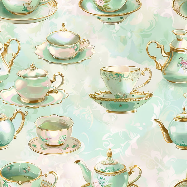 mint green, soft pink, gold accents, teacups, teapots, saucers, floral motifs, vintage china, elegant handles, ornate details, whimsical pattern, tea party theme,, fabric panel, pastel colors, delicate florals, romantic style, repeating design, victorian inspired, shabby chic