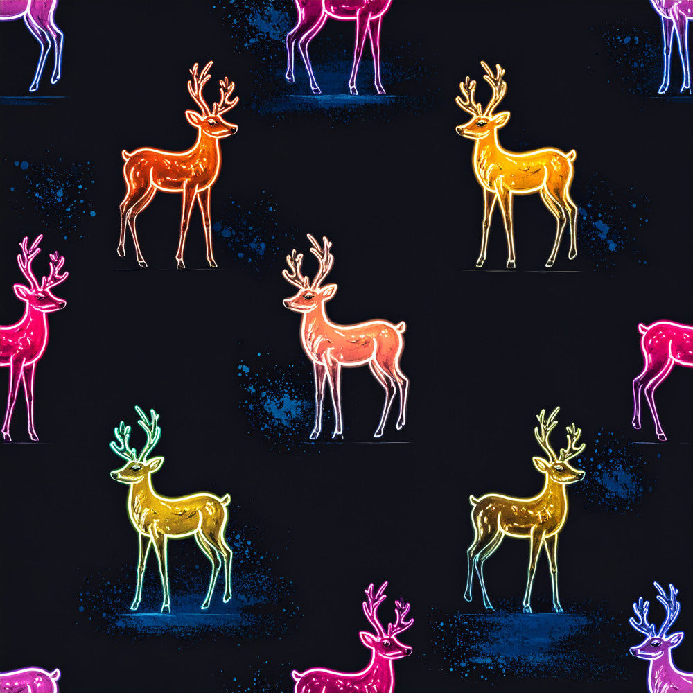 neon deer, neon animals, glow in the dark, glowing neon, black background, magenta pink, hot pink, coral orange, golden yellow, cyan blue, purple blue, neon lights, neon sign style, modern, whimsical, festive, holiday themed, christmas reindeer, winter animals, deer motif, antler design, celestial feel, dark aesthetic, vibrant colors, contemporary, playroom decor, kids room, holiday season, christmas theme, colorful neon
