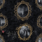charcoal gray, gold, black, ornate frames, gothic, baroque, vintage, elegant, dark academia, mysterious, moody, architectural, castle, spires, towers, rose, dark romance, victorian, dramatic, celestial, trees, branches, haunting, luxury, damask, ornamental, timeless, dramatic landscape