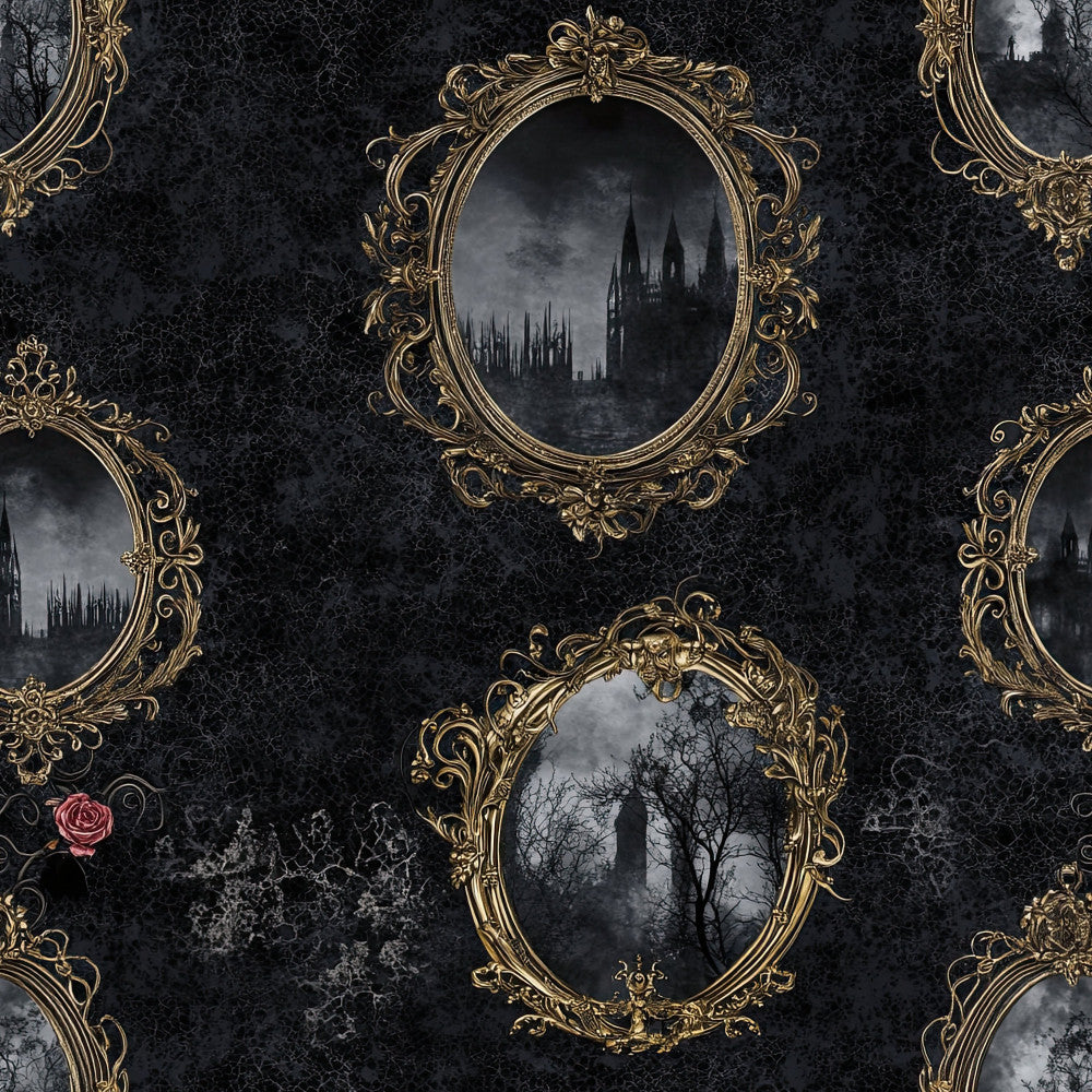 charcoal gray, gold, black, ornate frames, gothic, baroque, vintage, elegant, dark academia, mysterious, moody, architectural, castle, spires, towers, rose, dark romance, victorian, dramatic, celestial, trees, branches, haunting, luxury, damask, ornamental, timeless, dramatic landscape