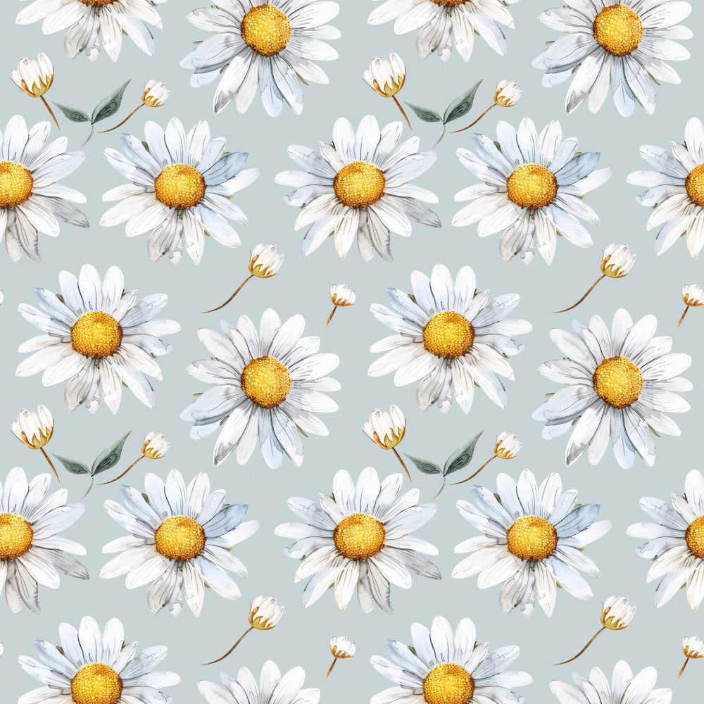 daisy, white petals, golden yellow centers, soft gray background, floral pattern, botanical, nature theme, spring flowers, summer flowers, garden flowers, delicate, whimsical, cheerful, meadow, wildflowers, cottage core, farmhouse style, vintage botanical, gentle, soft colors, pastel, nature inspired, relaxing, calming, nursery, baby room, kids room, sweet, charming, romantic