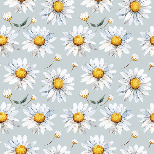 daisy, white petals, golden yellow centers, soft gray background, floral pattern, botanical, nature theme, spring flowers, summer flowers, garden flowers, delicate, whimsical, cheerful, meadow, wildflowers, cottage core, farmhouse style, vintage botanical, gentle, soft colors, pastel, nature inspired, relaxing, calming, nursery, baby room, kids room, sweet, charming, romantic