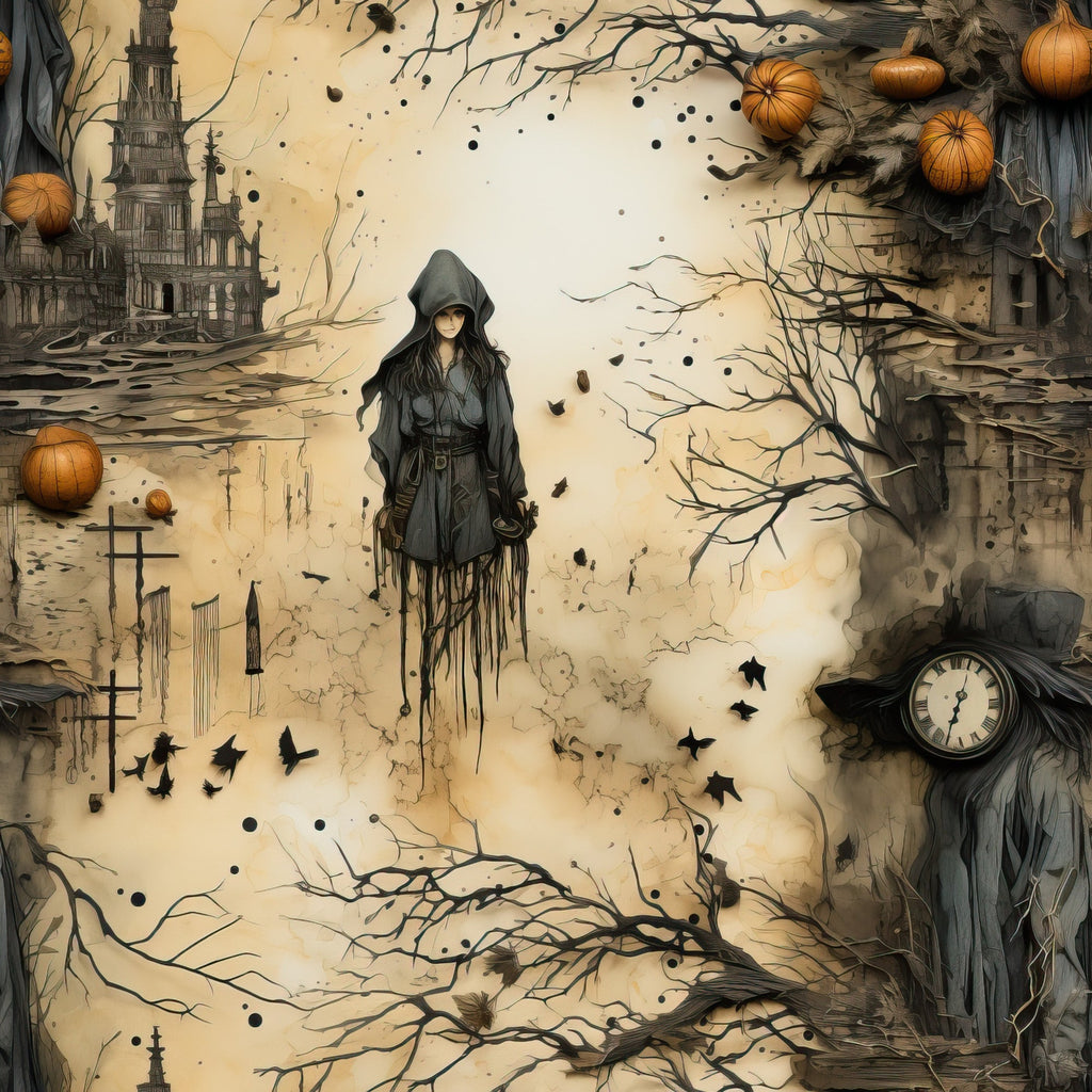 halloween, witch, hooded figure, gothic, spooky, autumn, pumpkins, orange, sepia, beige, brown, castle, clock, ravens, birds, bare branches,, fabric panel, mystical, atmospheric, witchy, seasonal, october, harvest time, magical