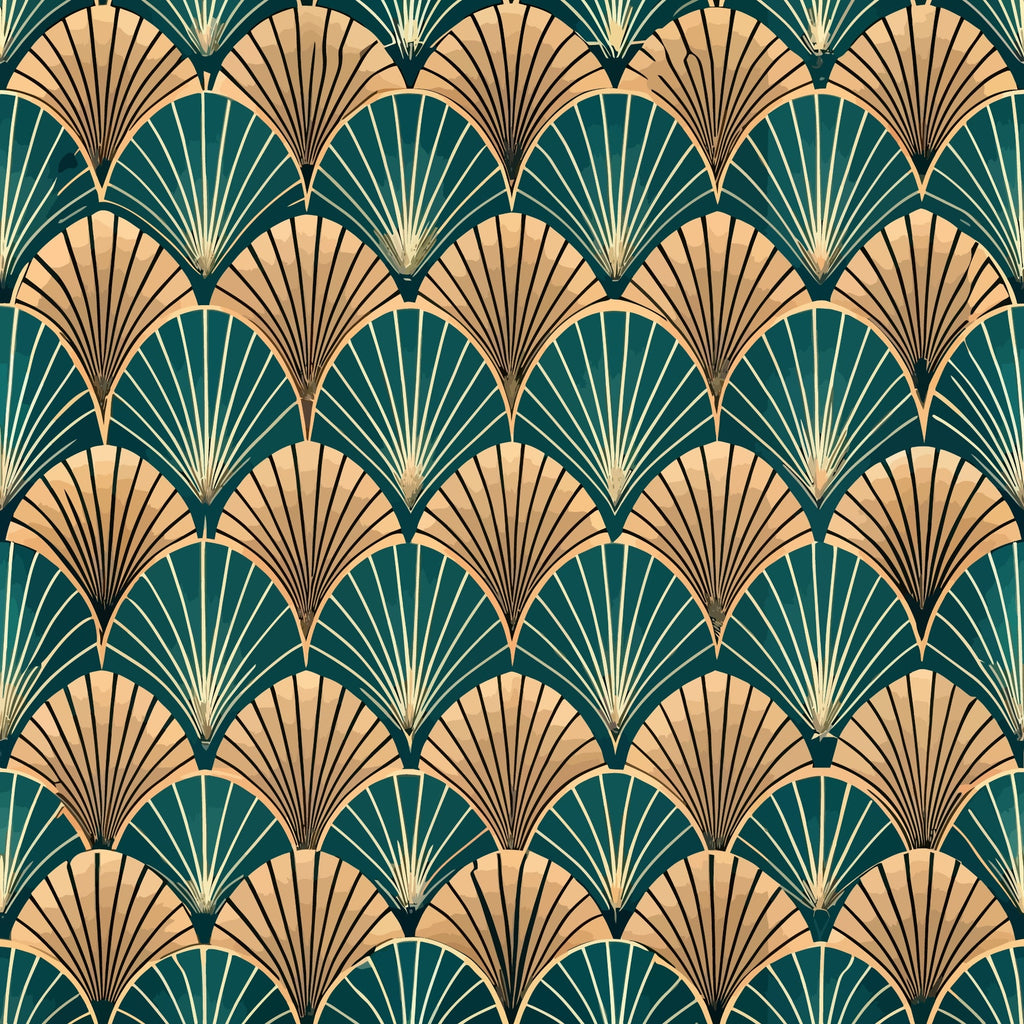 art deco, fan pattern, geometric design, teal green, peachy coral, gold accents, repeating motif, scalloped fans, vintage style,, fabric panel, radiating lines, overlapping scales, emerald teal, warm peach, metallic highlights, 1920s inspired, shell pattern, luxurious feel