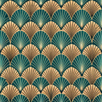 art deco, fan pattern, geometric design, teal green, peachy coral, gold accents, repeating motif, scalloped fans, vintage style,, fabric panel, radiating lines, overlapping scales, emerald teal, warm peach, metallic highlights, 1920s inspired, shell pattern, luxurious feel