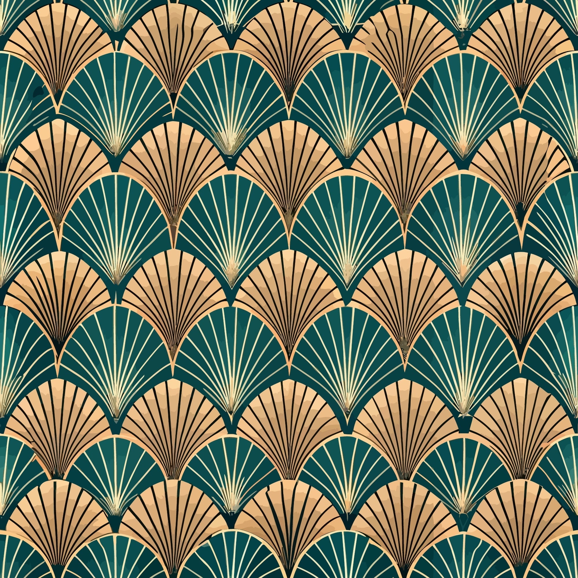 art deco, fan pattern, geometric design, teal green, peachy coral, gold accents, repeating motif, scalloped fans, vintage style,, fabric panel, radiating lines, overlapping scales, emerald teal, warm peach, metallic highlights, 1920s inspired, shell pattern, luxurious feel