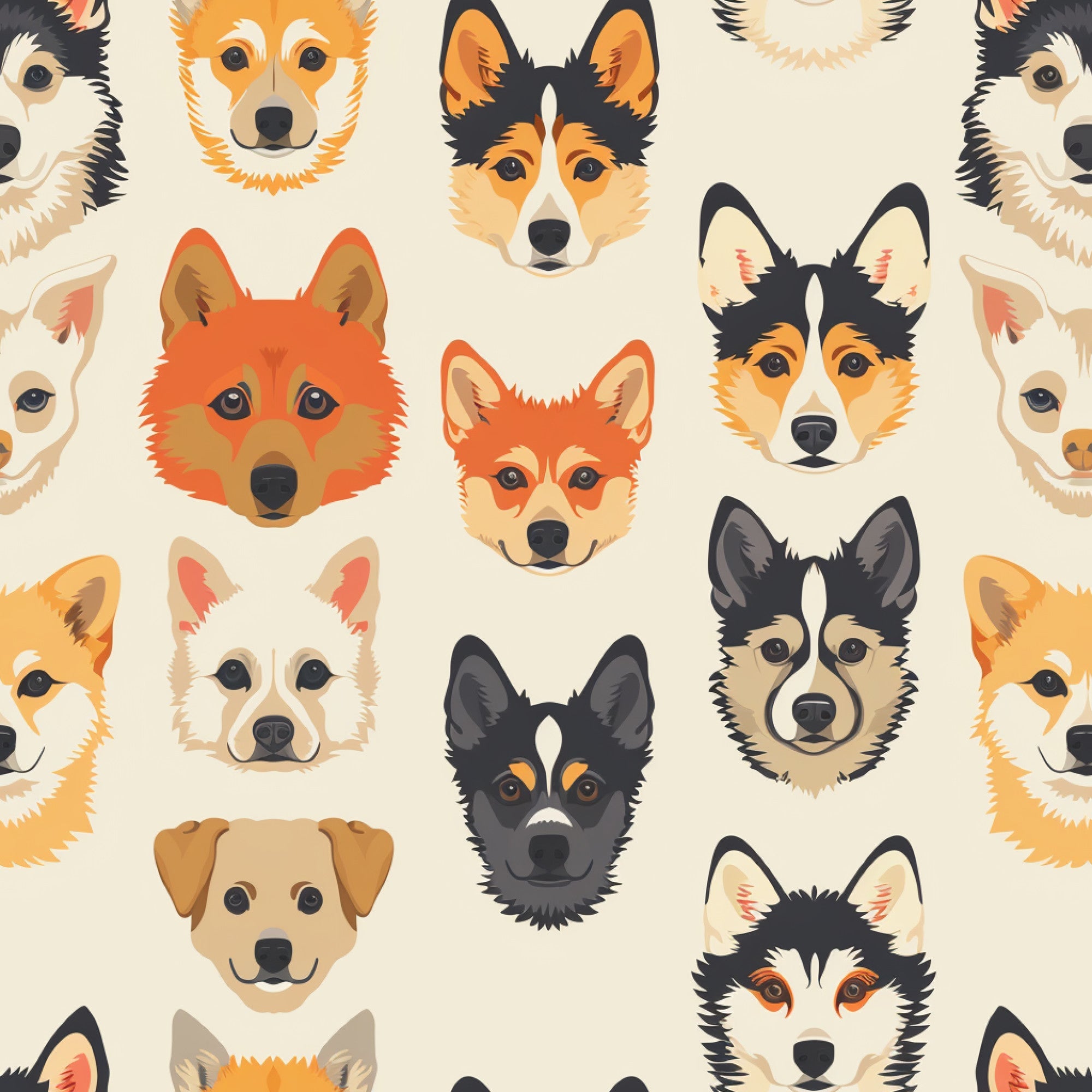 dog faces, canine heads, pet portraits, orange, black, white, cream, tan, brown, repeating pattern, animal illustration, cute dogs, spitz breeds, husky, corgi, geometric layout,, fabric panel, playful design, modern art style