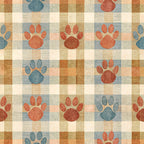 paw prints, dog paws, plaid pattern, checkered squares, rust orange, teal blue, cream beige, animal tracks, pet themed,, fabric panel, rustic colors, country style, geometric squares, alternating pattern, earth tones, cozy mood, craft fabric, pieced blocks, puppy paws