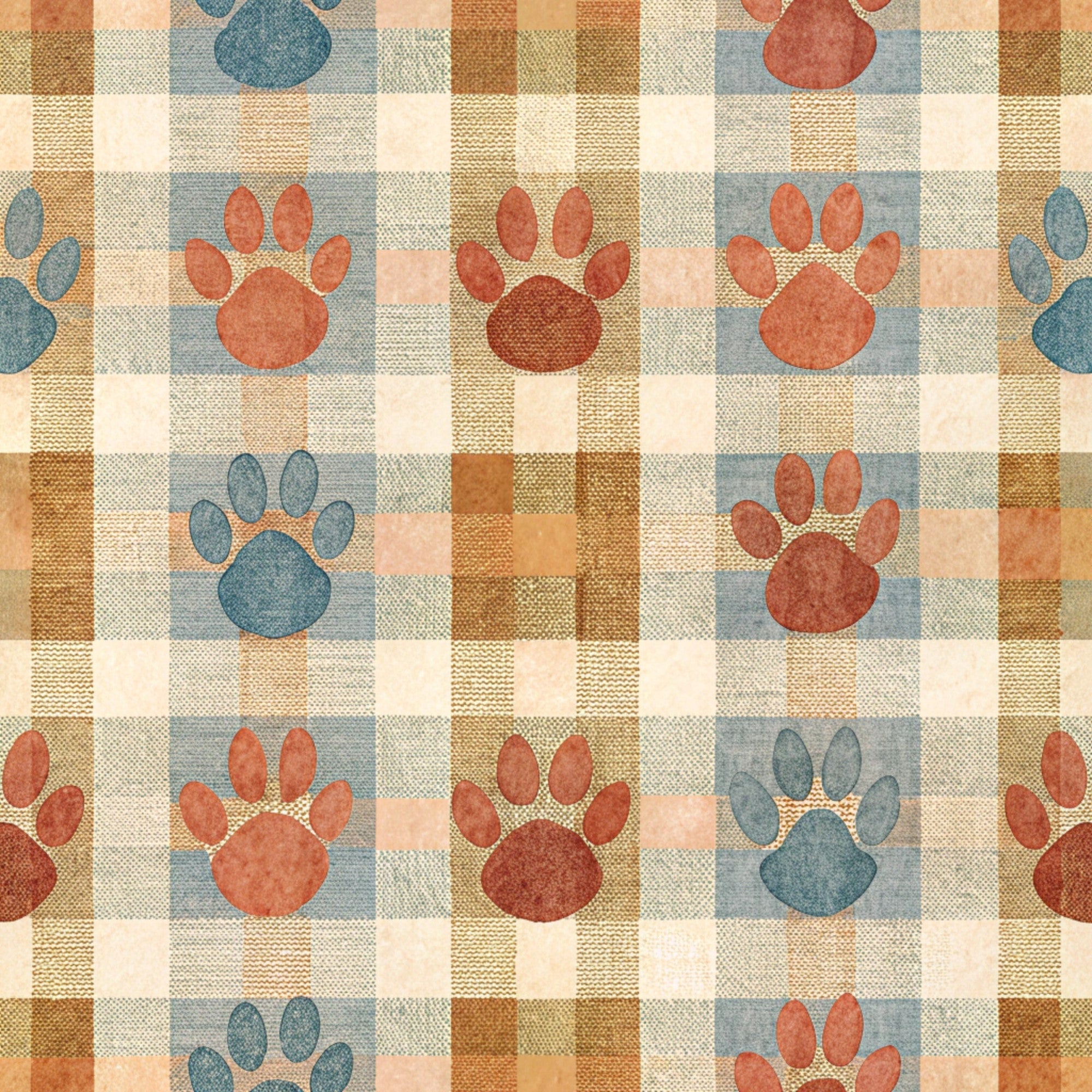 paw prints, dog paws, plaid pattern, checkered squares, rust orange, teal blue, cream beige, animal tracks, pet themed,, fabric panel, rustic colors, country style, geometric squares, alternating pattern, earth tones, cozy mood, craft fabric, pieced blocks, puppy paws
