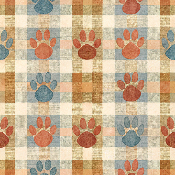 paw prints, dog paws, plaid pattern, checkered squares, rust orange, teal blue, cream beige, animal tracks, pet themed,, fabric panel, rustic colors, country style, geometric squares, alternating pattern, earth tones, cozy mood, craft fabric, pieced blocks, puppy paws