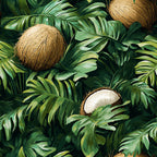 coconut, tropical leaves, jungle pattern, green foliage, brown coconuts, palm fronds,, fabric panel, tropical theme, lush greenery, botanical design, summer vibes, exotic plants, nature motif, monstera leaves, tropical paradise, verdant tones, coconut shells, island style, rainforest pattern