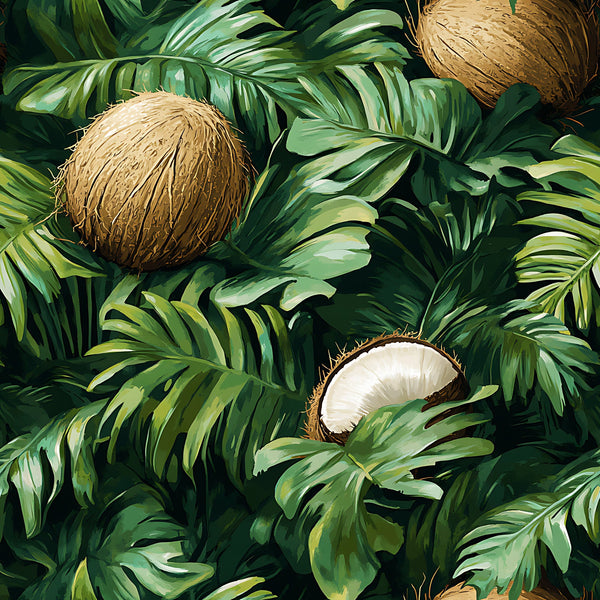 coconut, tropical leaves, jungle pattern, green foliage, brown coconuts, palm fronds,, fabric panel, tropical theme, lush greenery, botanical design, summer vibes, exotic plants, nature motif, monstera leaves, tropical paradise, verdant tones, coconut shells, island style, rainforest pattern