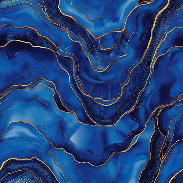 royal blue, cobalt blue, navy blue, gold accents, copper lines, agate pattern, marble texture, geode design, swirling lines, flowing curves, abstract design, mineral inspired, luxurious appearance,, fabric panel, modern style, sophisticated mood, geological formation, crystalline structure, organic shapes