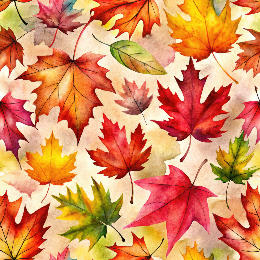 autumn leaves, fall foliage, maple leaves, red leaves, orange leaves, yellow leaves, golden yellow, burnt orange, crimson red, coral pink, forest green, sage green, watercolor, nature, seasonal, autumn, fall, thanksgiving, harvest, whimsical, artistic, leaf pattern, botanical, transitional style, warm colors, vibrant colors, kids room, playroom, nature-themed, woodland