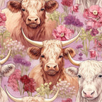 highland cows, cattle, farm animals, pink background, lavender, mauve, floral elements, wildflowers, poppies, horned cattle, furry texture, shaggy hair, pastoral scene,, fabric panel, whimsical art, soft colors, meadow flowers, bovine portraits, country theme