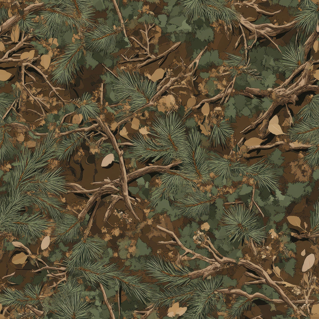 realistic camouflage, hunting pattern, forest green, earth brown, tan beige, pine needles, tree branches, fallen leaves, woodland foliage, natural camouflage, outdoor theme,, fabric panel, nature elements, forest floor, hunting season, military colors, organic shapes, textured appearance, seamless repeat