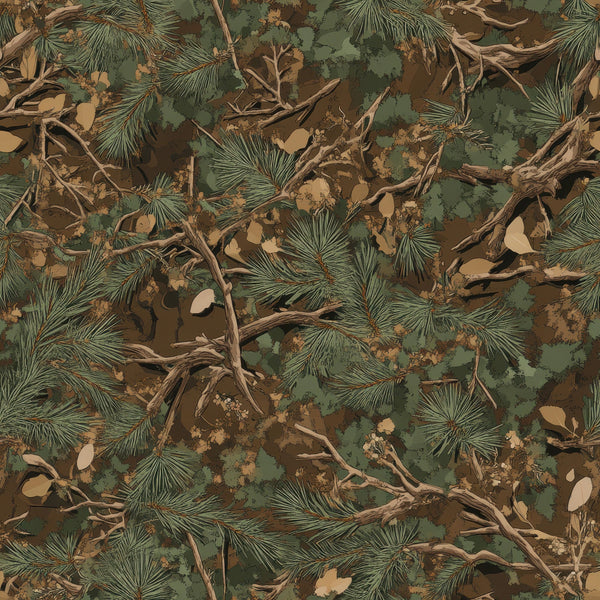 realistic camouflage, hunting pattern, forest green, earth brown, tan beige, pine needles, tree branches, fallen leaves, woodland foliage, natural camouflage, outdoor theme,, fabric panel, nature elements, forest floor, hunting season, military colors, organic shapes, textured appearance, seamless repeat