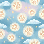 paw prints, dog paws, sky blue, soft pink, cream white, pastel colors, clouds, stars, whimsical pattern, dreamy atmosphere, cotton fabric, quilting panel, pet theme, celestial elements, fluffy clouds, animal motifs, nursery design, soft pastels, repeating pattern, fabric panel