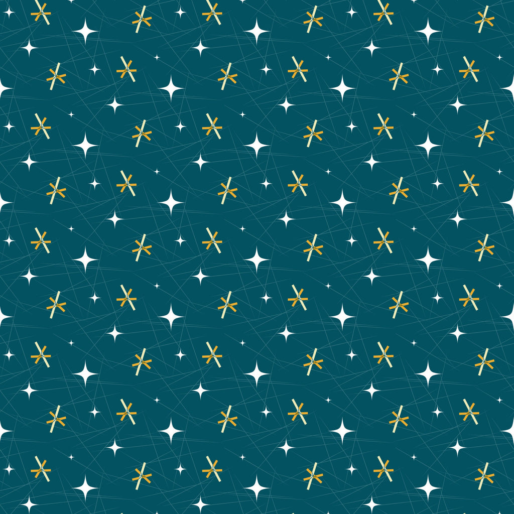 teal, turquoise, gold, yellow, white, atomic starburst, mid-century modern, retro, geometric, stars, constellation, space age,, fabric panel, vintage style, 1950s inspired, celestial, atomic era, repeating pattern, scattered motifs