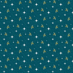 teal, turquoise, gold, yellow, white, atomic starburst, mid-century modern, retro, geometric, stars, constellation, space age,, fabric panel, vintage style, 1950s inspired, celestial, atomic era, repeating pattern, scattered motifs
