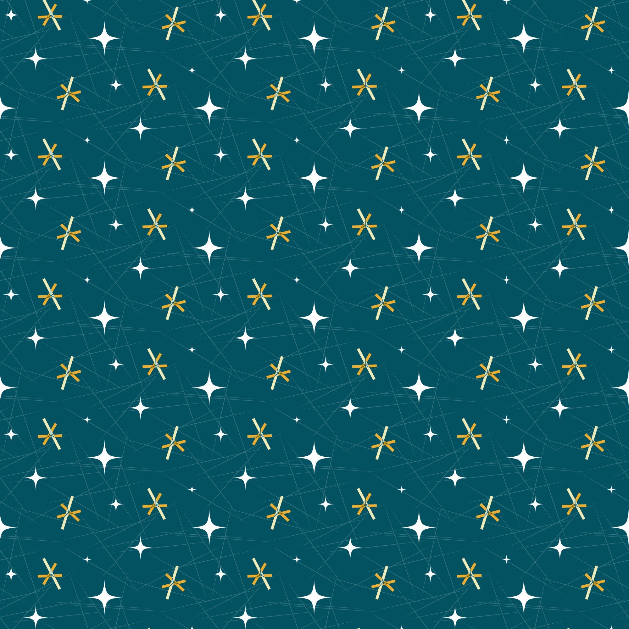 teal, turquoise, gold, yellow, white, atomic starburst, mid-century modern, retro, geometric, stars, constellation, space age,, fabric panel, vintage style, 1950s inspired, celestial, atomic era, repeating pattern, scattered motifs