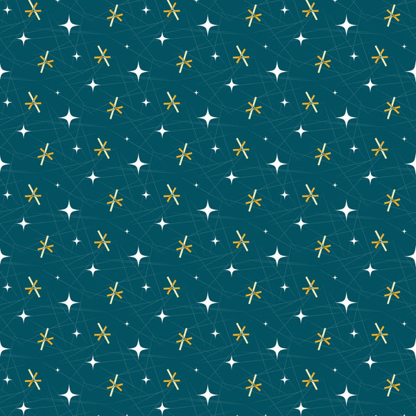 teal, turquoise, gold, yellow, white, atomic starburst, mid-century modern, retro, geometric, stars, constellation, space age,, fabric panel, vintage style, 1950s inspired, celestial, atomic era, repeating pattern, scattered motifs