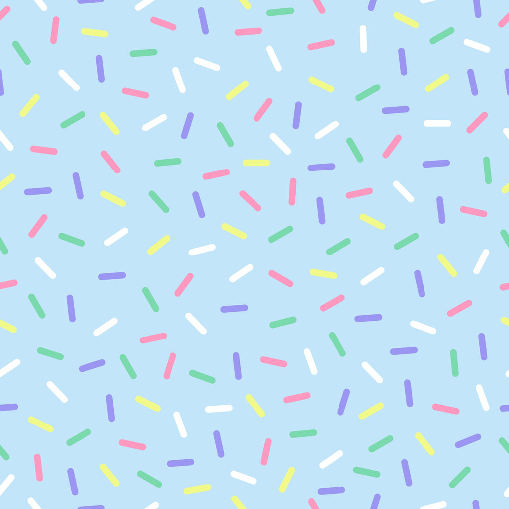 rainbow sprinkles, multicolored confetti, candy sprinkles, pastel blue background, pink sprinkles, purple sprinkles, yellow sprinkles, green sprinkles, white sprinkles, scattered pattern, random placement, sweet treats, bakery theme, dessert motif,, fabric panel, cheerful mood, playful design, birthday theme, celebration pattern
