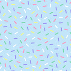 rainbow sprinkles, multicolored confetti, candy sprinkles, pastel blue background, pink sprinkles, purple sprinkles, yellow sprinkles, green sprinkles, white sprinkles, scattered pattern, random placement, sweet treats, bakery theme, dessert motif,, fabric panel, cheerful mood, playful design, birthday theme, celebration pattern