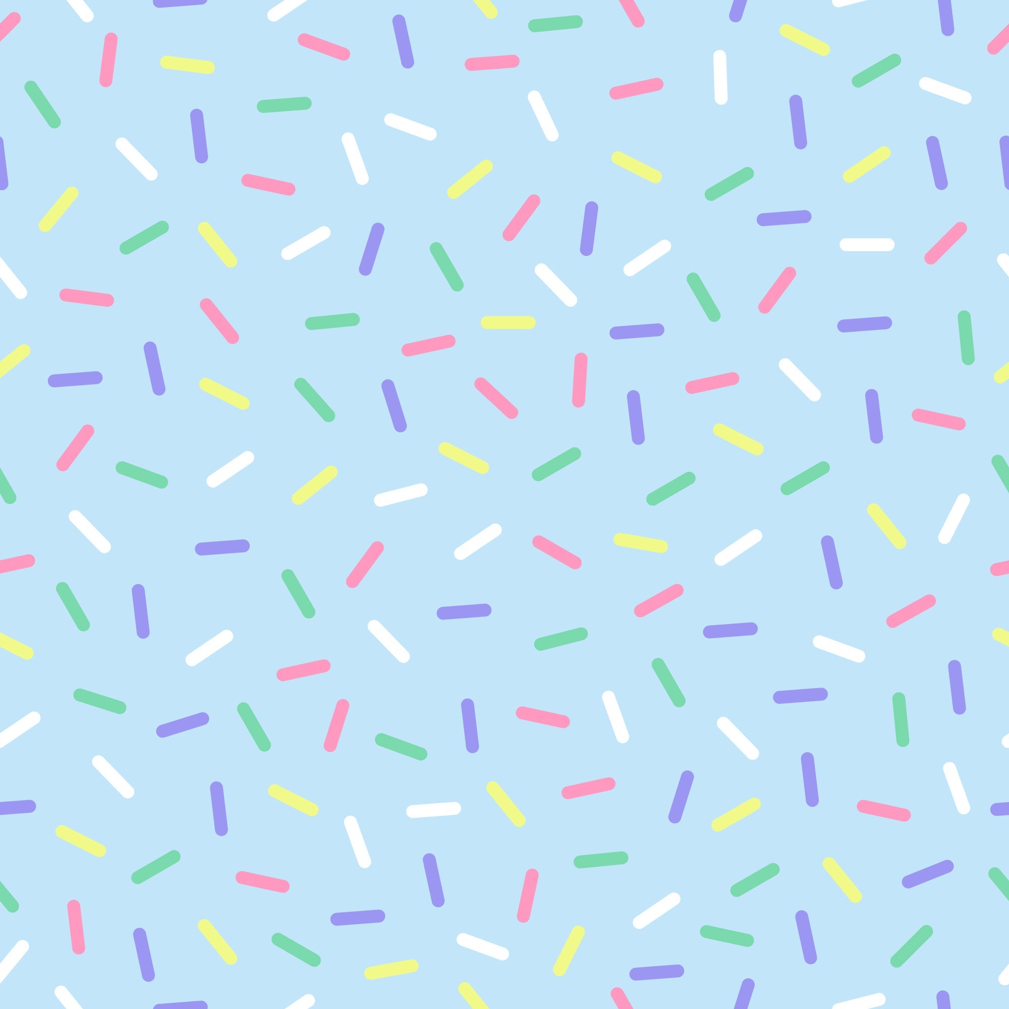 rainbow sprinkles, multicolored confetti, candy sprinkles, pastel blue background, pink sprinkles, purple sprinkles, yellow sprinkles, green sprinkles, white sprinkles, scattered pattern, random placement, sweet treats, bakery theme, dessert motif,, fabric panel, cheerful mood, playful design, birthday theme, celebration pattern