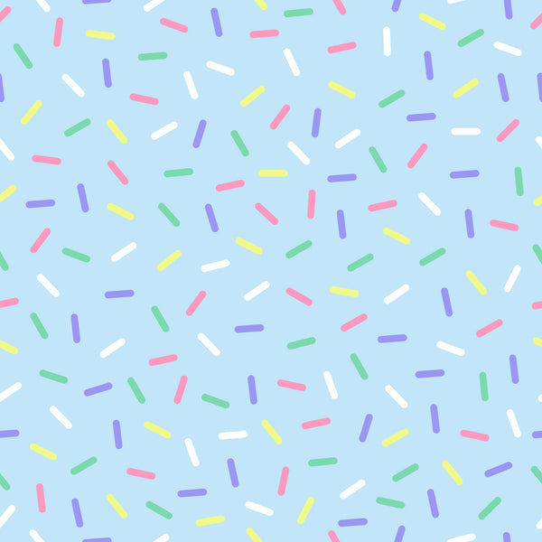 rainbow sprinkles, multicolored confetti, candy sprinkles, pastel blue background, pink sprinkles, purple sprinkles, yellow sprinkles, green sprinkles, white sprinkles, scattered pattern, random placement, sweet treats, bakery theme, dessert motif,, fabric panel, cheerful mood, playful design, birthday theme, celebration pattern