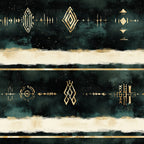 forest green, deep teal, cream, gold, geometric, abstract, celestial, tribal, ethnic, bohemian, modern, elegant, mystical, diamonds, geometric shapes, lined pattern, starry, aztec-inspired, southwestern, boho chic, sophisticated, luxe, gold accents, dark teal background, cream stripes, ornamental, decorative, contemporary
