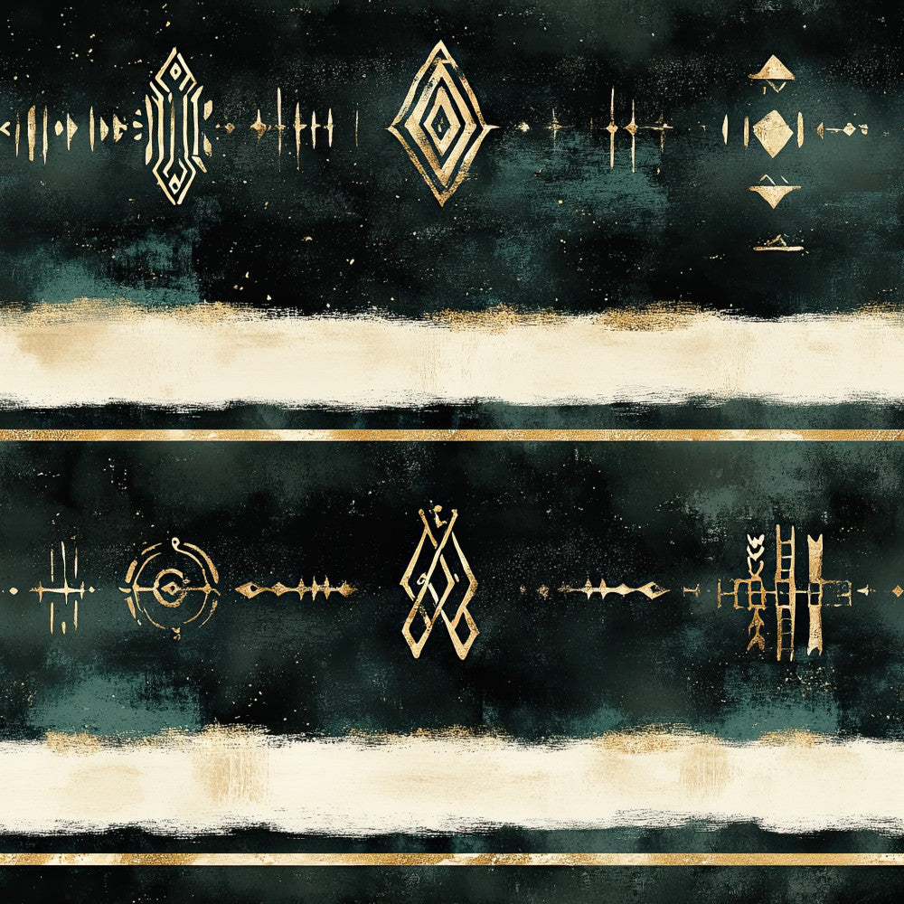 forest green, deep teal, cream, gold, geometric, abstract, celestial, tribal, ethnic, bohemian, modern, elegant, mystical, diamonds, geometric shapes, lined pattern, starry, aztec-inspired, southwestern, boho chic, sophisticated, luxe, gold accents, dark teal background, cream stripes, ornamental, decorative, contemporary